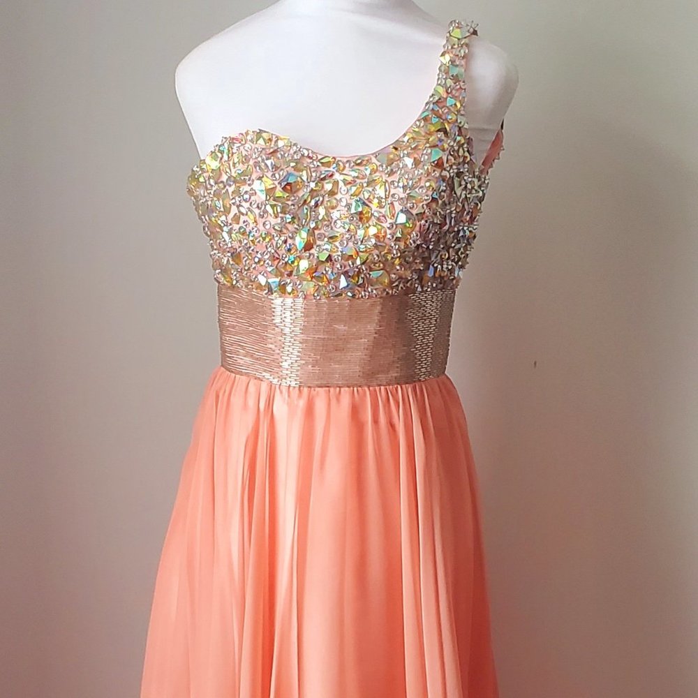 One Shoulder Beaded Gown Dress Coral Peach Satiny Layered Skirt Aurora Borealis